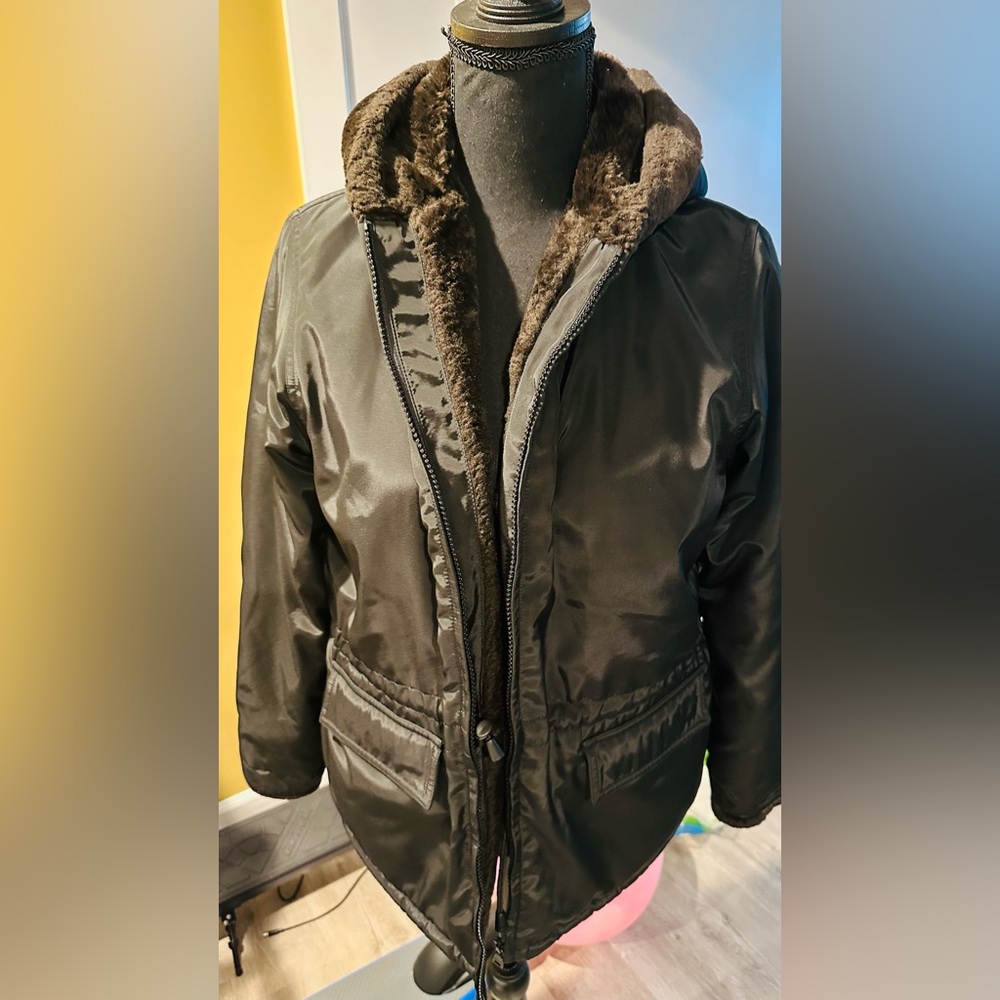 Andrew Marc Black Bomber Jacket with Brown Faux Fur..Kids boys